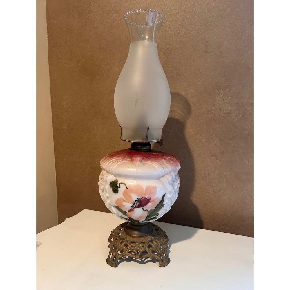 Vintage Eagle Milk Glass Oil Lamp Hand Painted Floral Victorian Style 19.5 Inch